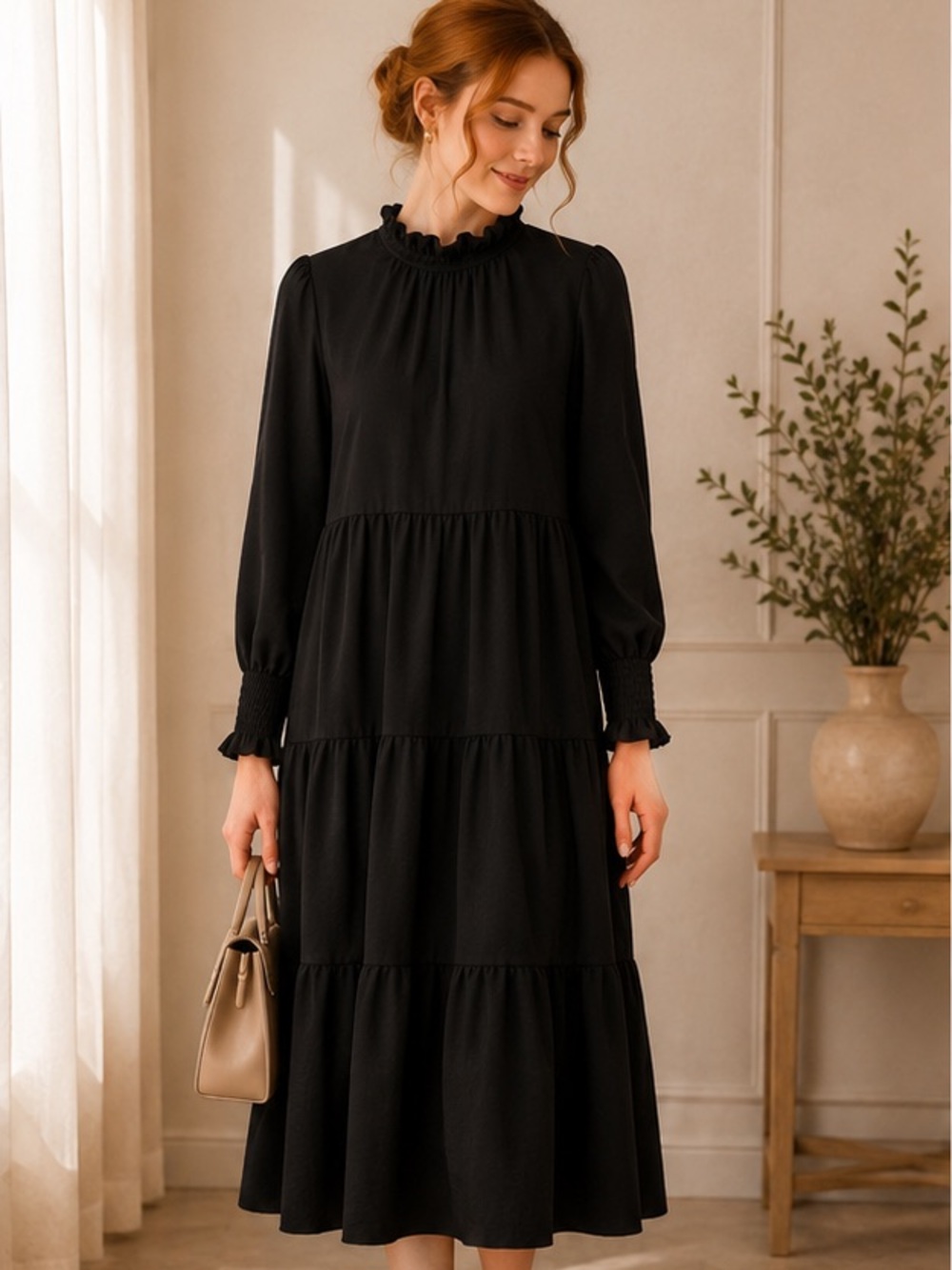 Japparel Tiered Long-Sleeve Midi Dress in Black
